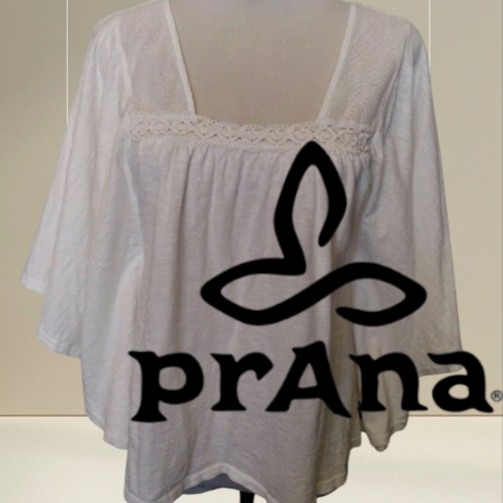 PRANA BOHO TUNIC BELL SLEEVE WHITE CROCHET TRIMMED SMALL S WOMENS SMALL